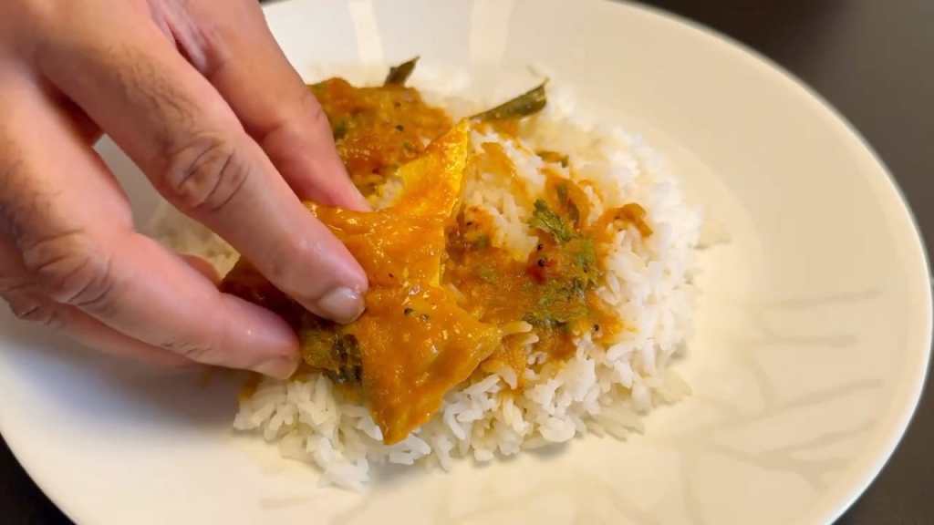 coconut milk fish curry served on a plate of white rice